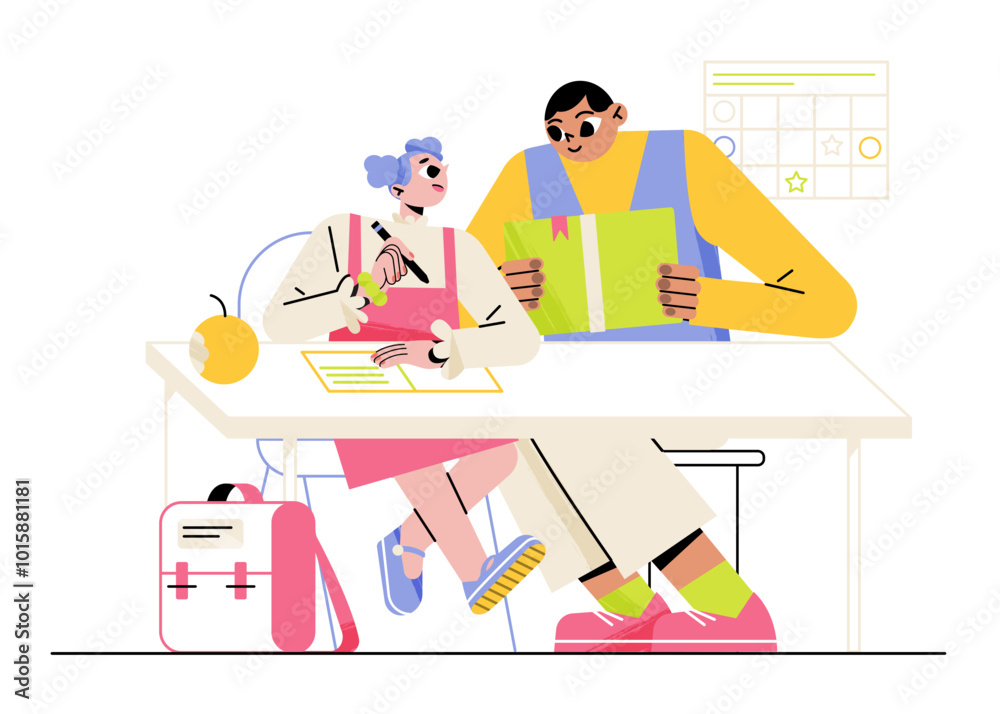 Parent and child do homework together Parent and child do homework together