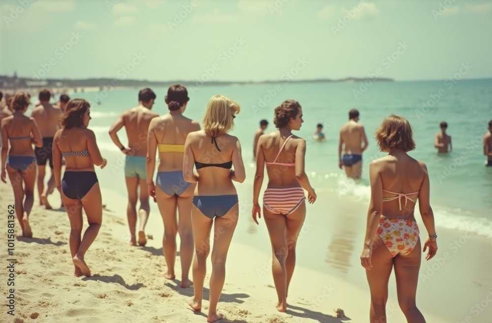 Retro beach scene with people walking along the shoreline in vintage swimwear