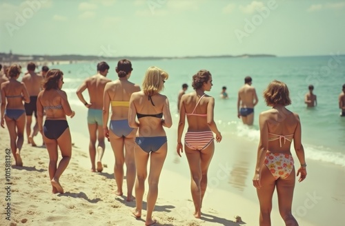 Obraz na płótnie Retro beach scene with people walking along the shoreline in vintage swimwear w salonie