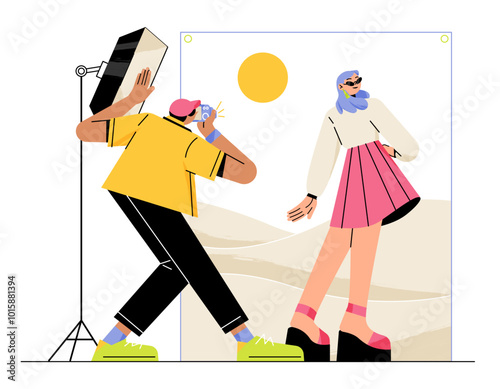 Photographer shoots a girl against a landscape