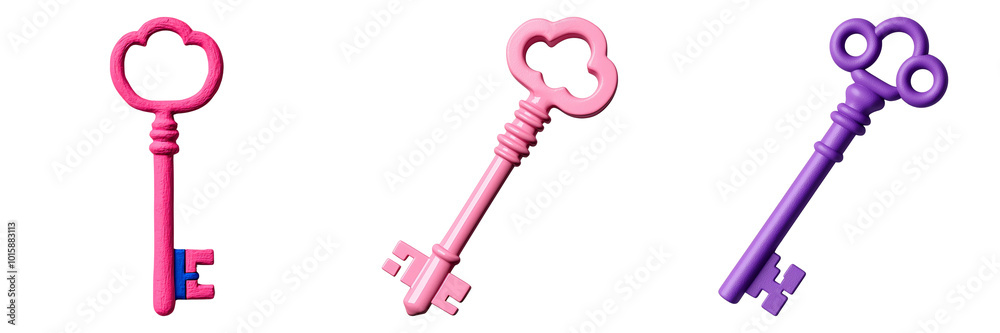 Vibrant key designs in pink and purple, featuring unique shapes and whimsical style. Concept of unlocking, security, and fantasy-themed objects
