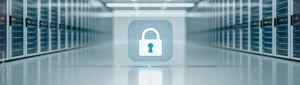 A server room with a digital padlock icon floating in the foreground, highlighting the importance of data security, with ample copy space to the right for messages or branding. A server room with a digital padlock icon floating in the foreground, highlighting the importance of data security, with ample copy space to the right for messages or branding.