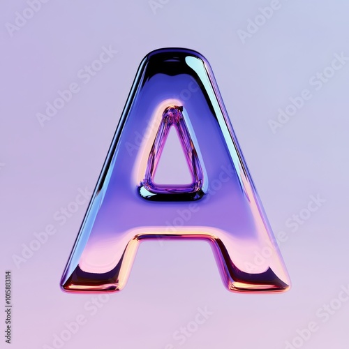 The letter "A", made in 3D style. front view. The letter is filled with abstract geometric shapes and lines, playing with light and shadow. The background is a gradient from light purple to deep blue