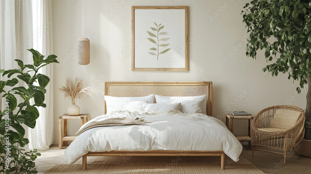 Minimalist Interior Design with a Blank Canvas in a Wooden Frame, Picture frame on a cabinet with Scandinavian home interior. Minimalist Interior Design with a Blank Canvas in a Wooden Frame, Picture frame on a cabinet with Scandinavian home interior.