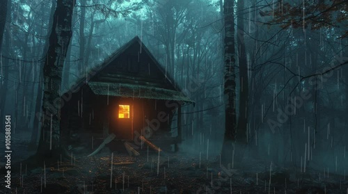 Charming wooden cabin in a fantasy forest at night, surrounded by a rainy landscape illuminated by soft, glowing lights
 Seamless looping 4k time-lapse virtual video animation Generated AI