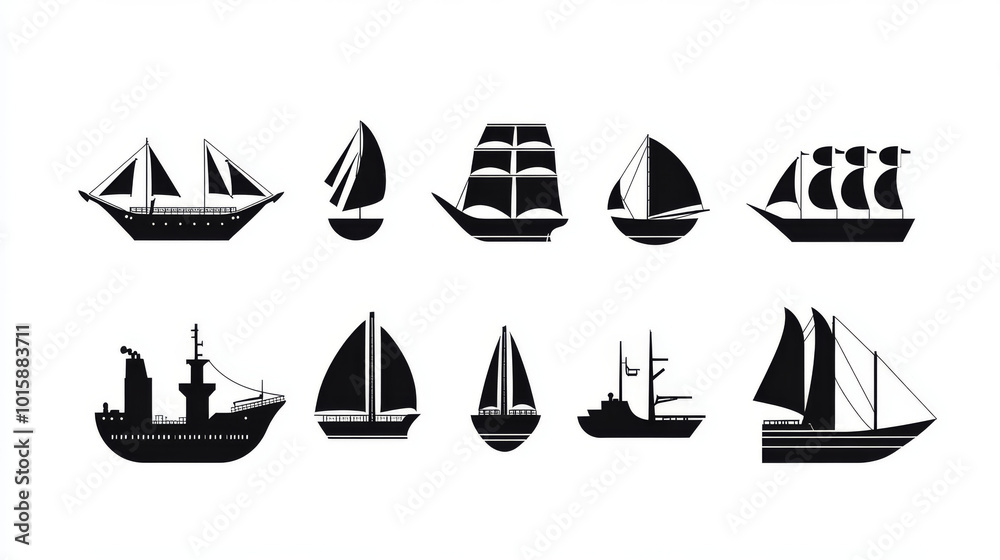 A collection of simple black icons showing different ships and sea transport. A collection of simple black icons showing different ships and sea transport.