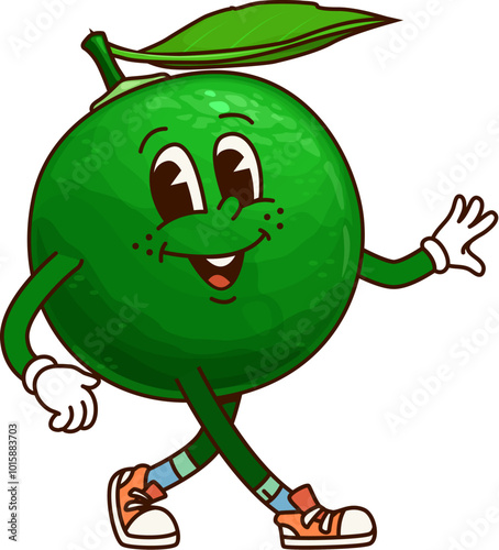 Groovy tropical fruit character with a green body, big smile and leaf, wearing sneakers, and exudes fun and playful retro vibe. Isolated cartoon vector lime citrus fruit personage cheerfully strolling