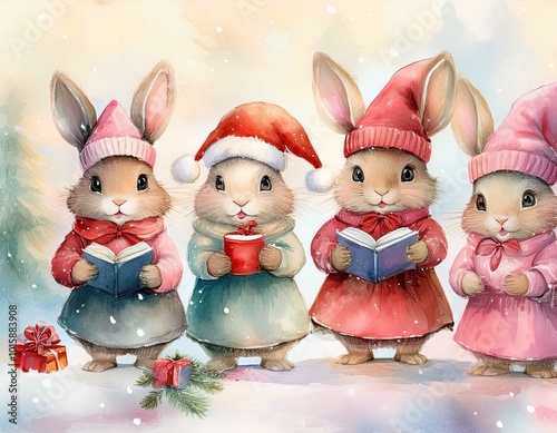 Christmas bunnies with Santa Hat, Pastel Watercolor Pink Dresses, caroling
