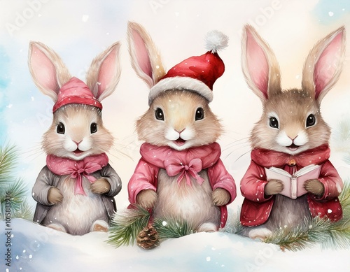 Christmas bunnies with Santa Hat, Pastel Watercolor Pink Dresses, caroling