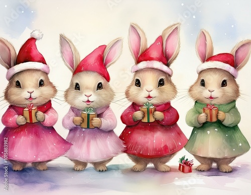 Christmas bunnies with Santa Hat, Pastel Watercolor Pink Dresses, caroling