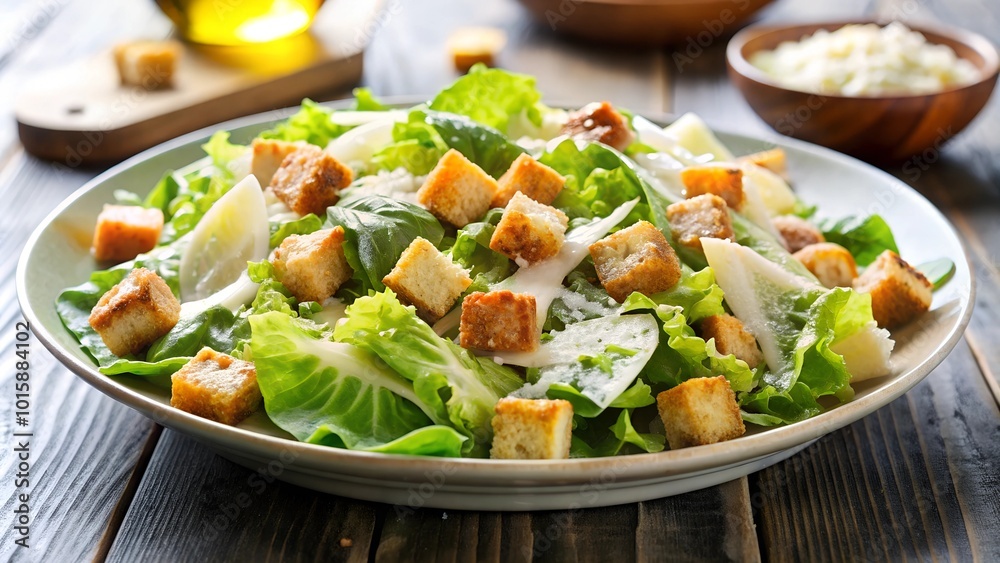 Caesar salad with romaine lettuce croutons, Salad recipe on table. Caesar salad with romaine lettuce croutons, Salad recipe on table.