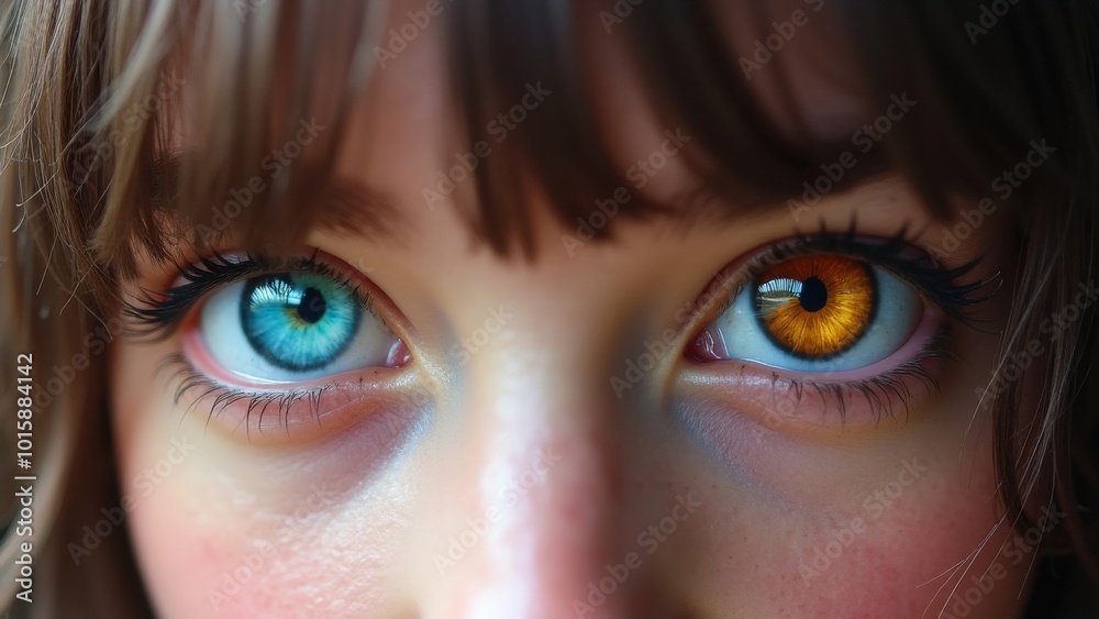 Close-up of woman’s heterochromatic eyes with striking blue and amber colors Close-up of woman’s heterochromatic eyes with striking blue and amber colors