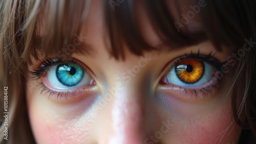 Close-up of woman’s heterochromatic eyes with striking blue and amber colors photo