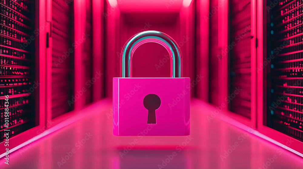 A futuristic digital padlock floats in front of a server room, representing advanced cyber security and data protection systems, with minimal copy space for messaging. A futuristic digital padlock floats in front of a server room, representing advanced cyber security and data protection systems, with minimal copy space for messaging.