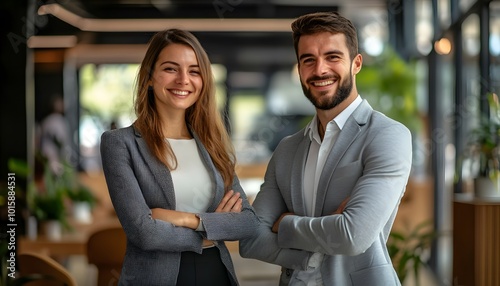 Confident Business Partners Posing with Arms Crossed in Modern Office