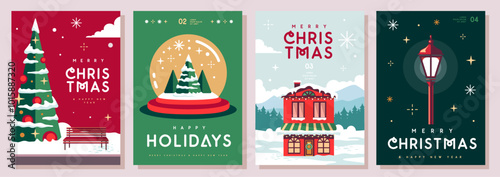 Set of Merry Christmas and Happy New Year greeting cards, covers or posters with holiday attributes. Christmas background. Flat design. Vector illustration