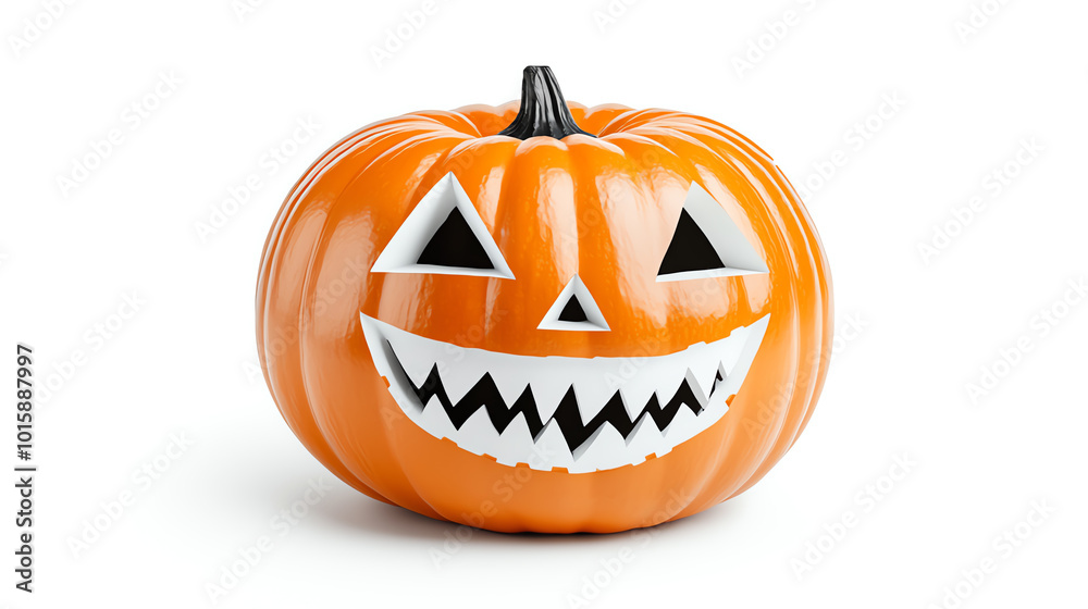 Smiling Halloween pumpkin with jagged teeth, white isolated background.