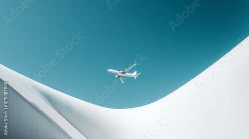 A white airplane soars through a clear blue sky. The background is a simple, white abstract design. photo