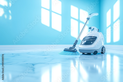 Modern white vacuum cleaner on a white floor on resedential room background with copy space. photo
