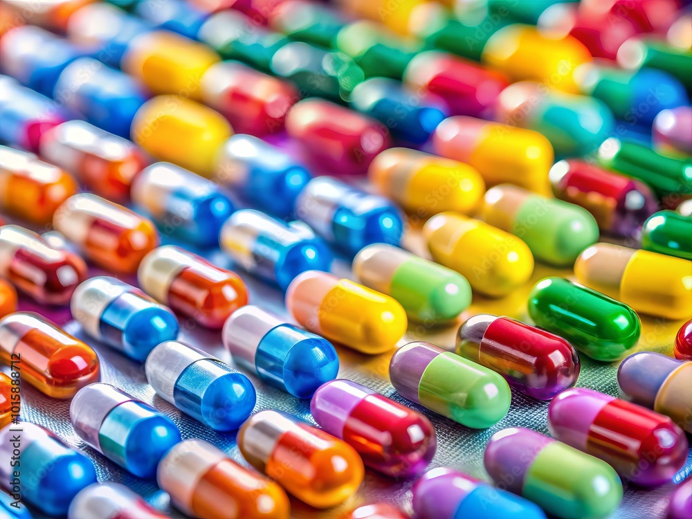 Tilt-Shift Photography of Colorful Tablets and Pills in Blister Packs for Medical Stock Images