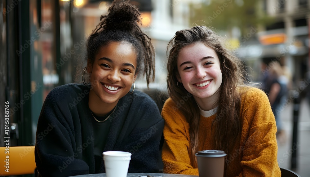 Two Young Women Smiling at the Camera, Seated at a Table with Drinks Two Young Women Smiling at the Camera, Seated at a Table with Drinks