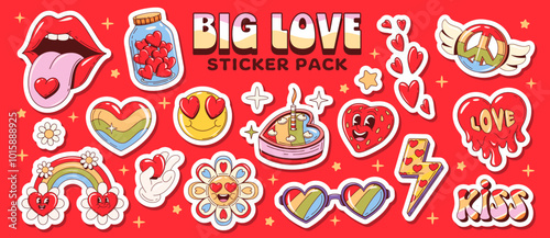 Cartoon groovy hippie love symbol stickers pack with hearts and lips kiss, vector icons. Groovy love stickers in retro cartoon with hippie rainbow and funny psychedelic character of strawberry heart