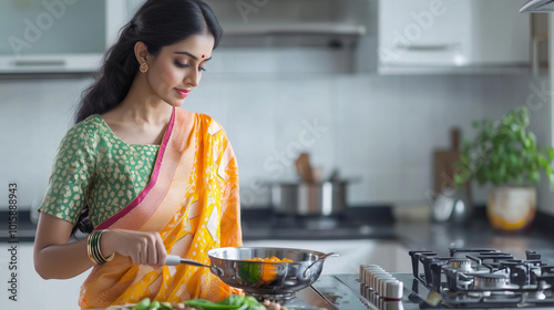Indian Woman in traditional saree cooking in modern kitchen with fresh vegetables