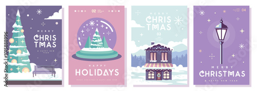 Set of Merry Christmas and Happy New Year greeting cards, covers or posters with holiday attributes. Christmas background. Flat design. Vector illustration