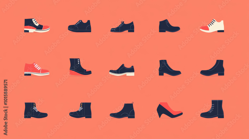 A collection of simple, flat icons showing different types of shoes for men and women, including boots, sandals, and shoes for all seasons. A collection of simple, flat icons showing different types of shoes for men and women, including boots, sandals, and shoes for all seasons.