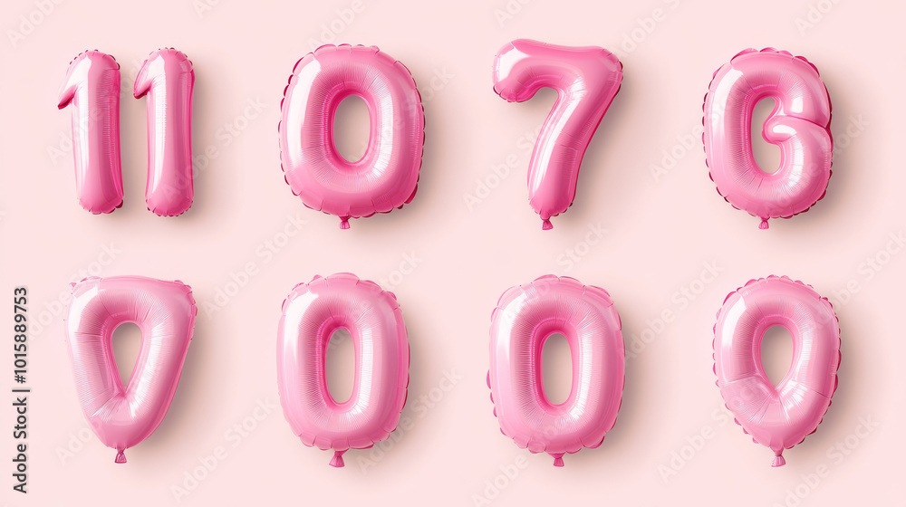 A set of colorful, separate balloon letters and numbers. The balloons are pink and realistic-looking. A set of colorful, separate balloon letters and numbers. The balloons are pink and realistic-looking.
