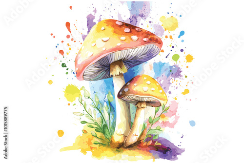 Watercolor Mushroom Wonders, Mystical Mushroom Vector Art, photo