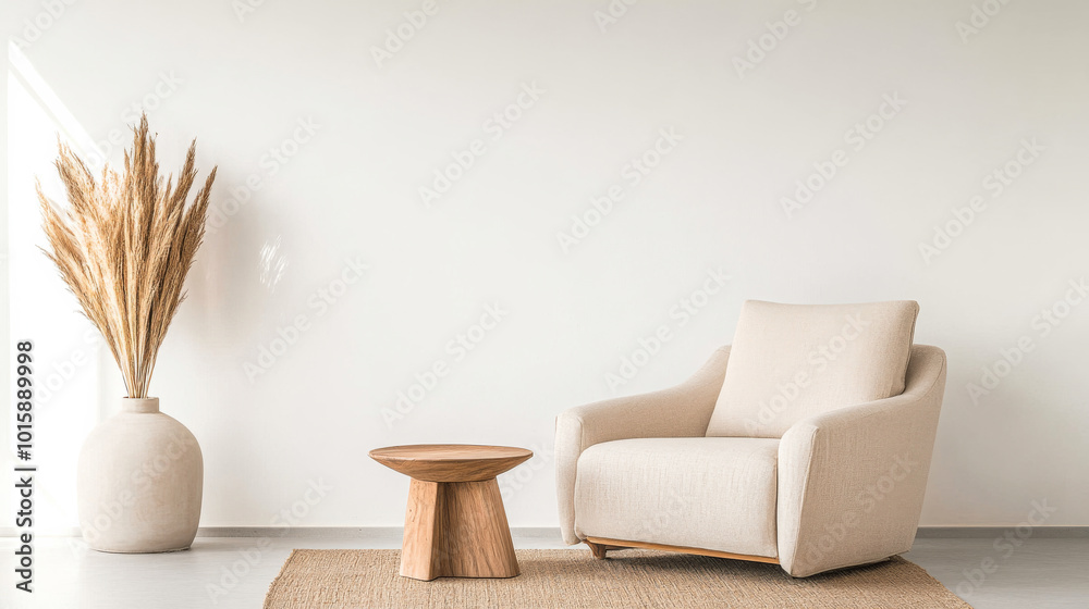 Cozy minimalist living room featuring a comfortable armchair and natural decor elements Cozy minimalist living room featuring a comfortable armchair and natural decor elements