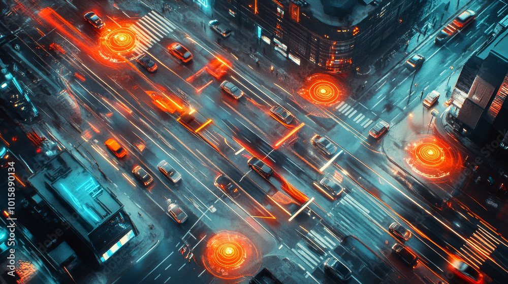 A poster shows a futuristic city with traffic lights that help cars communicate with each other at busy intersections. The illustration uses a 3D design style. A poster shows a futuristic city with traffic lights that help cars communicate with each other at busy intersections. The illustration uses a 3D design style.