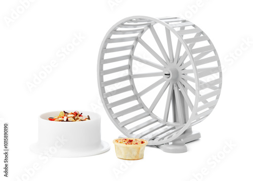 A white exercise wheel for small animals isolated on white photo