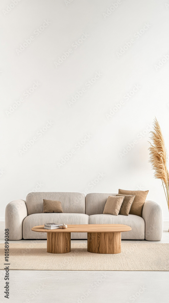 Stylish living room with a cozy sofa and wooden coffee table on a neutral-toned carpet Stylish living room with a cozy sofa and wooden coffee table on a neutral-toned carpet