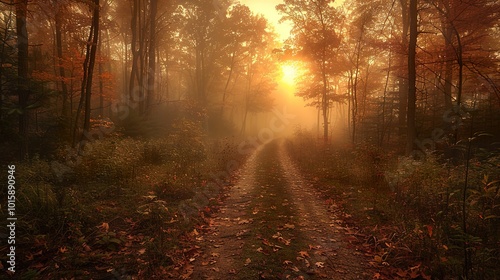 Autumn Forest Path with Golden Light and Fog