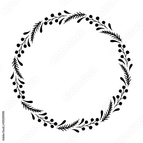 Hand drawn christmas wreath. Monochrome winter frame. Round christmas border.