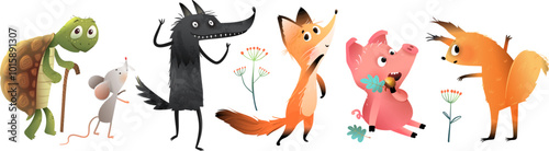 Collection of forest animals, fun emotions character design for children. Cute squirrel funny pig, and quirky fox, wolf, and mouse collection. Vector animals design for kids, isolated cartoon.