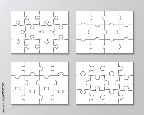 Puzzle grids with 12 pieces collection. Puzzle infographics. Jigsaw business chain infographic. Process diagram presentation. Business info graphic with steps, parts. Vector illustration