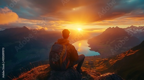 A hiker enjoys the view of a scenic sunrise over mountains and a lake.