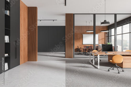Photography Wooden office interior with coworking and conference zone, panoramic window