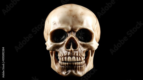 Halloween Props and Decorations Featuring a Jawless Skull Isolated on Black Background photo