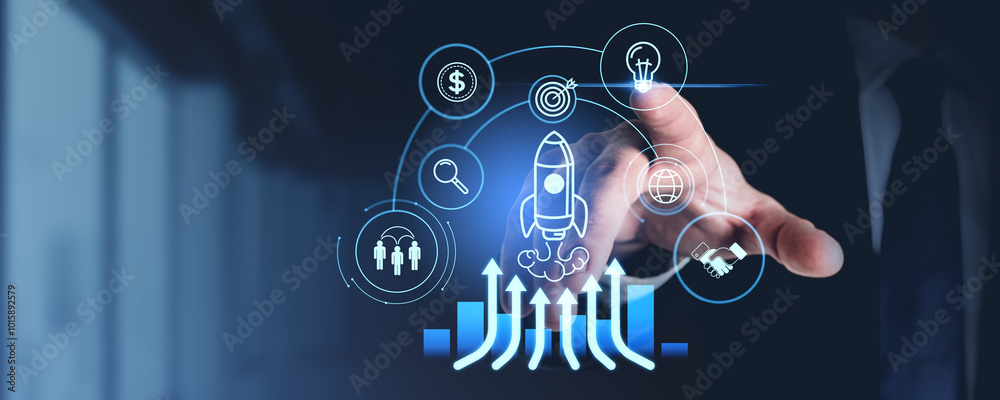 Man finger touch glowing startup hologram, lightbulb and icons. Copy space Man finger touch glowing startup hologram, lightbulb and icons. Copy space