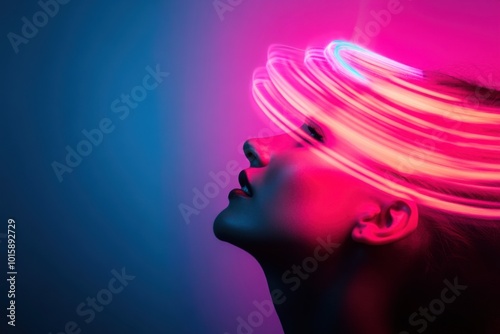 Woman posing under neon lights with blue and purple background photo