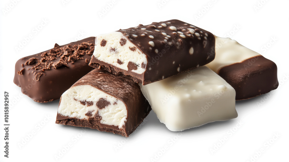 A collection of Eskimo Pie ice cream bars with white, dark, and milk chocolate coatings. The background is transparent. A collection of Eskimo Pie ice cream bars with white, dark, and milk chocolate coatings. The background is transparent.