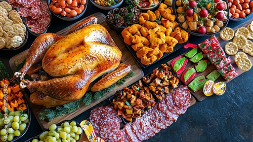 Festive Christmas Dinner Feast with Roasted Turkey  Salami  Grapes and Crackers photo