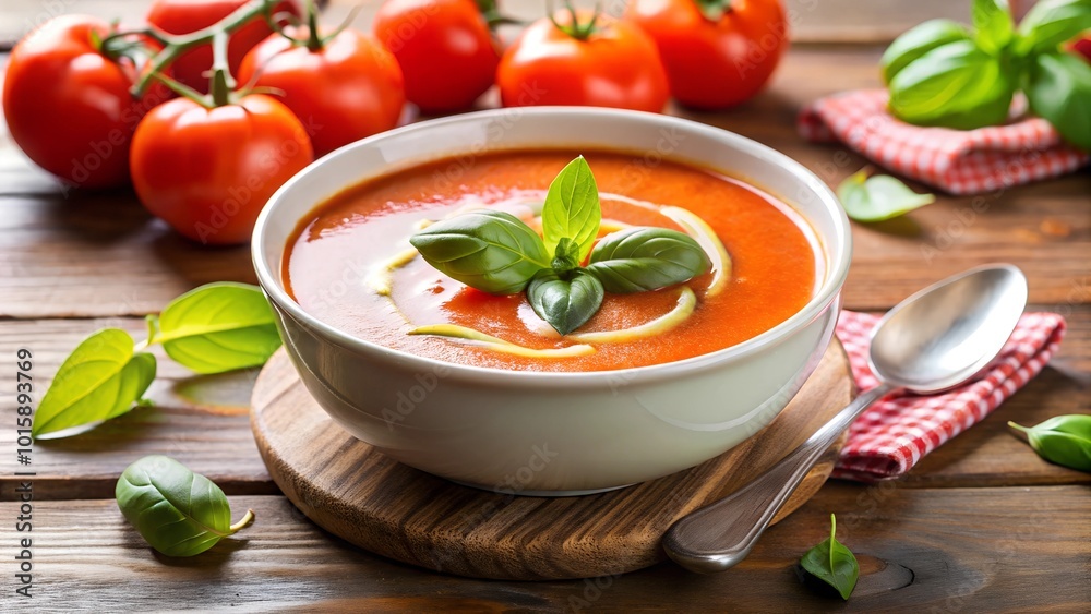 A creamy tomato soup with basil. A creamy tomato soup with basil.