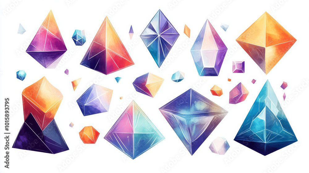This set of illustrations features common geometric shapes like pyramids, prisms, and other 3D figures. They are shown in vibrant colors and are perfect for use in projects. This set of illustrations features common geometric shapes like pyramids, prisms, and other 3D figures. They are shown in vibrant colors and are perfect for use in projects.