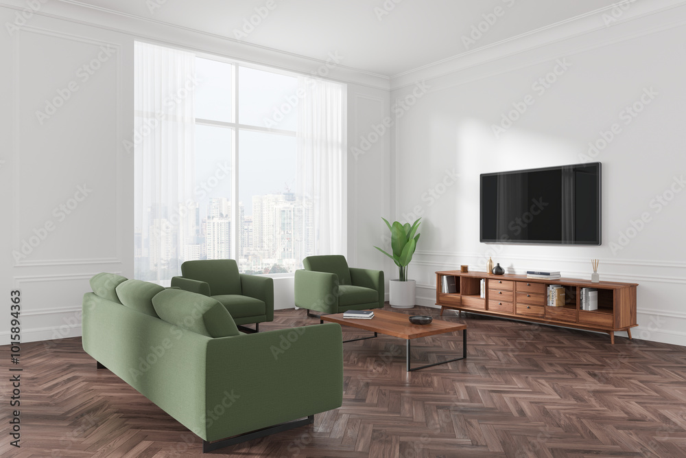 Modern living room with green furniture and city view. 3D Rendering Modern living room with green furniture and city view. 3D Rendering