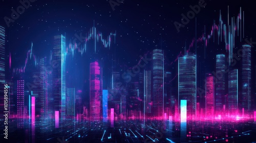 A modern city with shining forex charts isolated on a transparent background